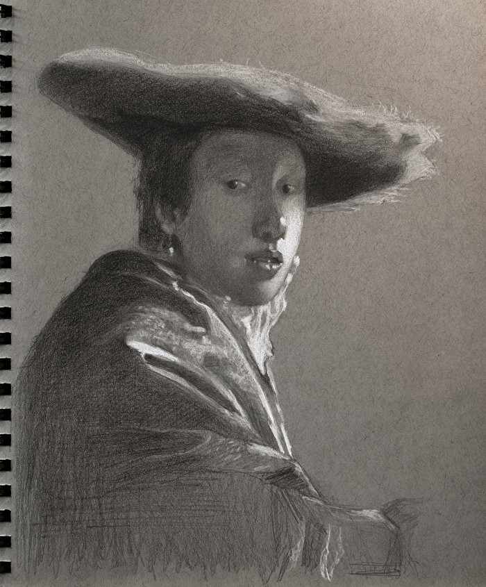 painting Тональный этюд на картину Вермеера: Женщина в красной шляпе